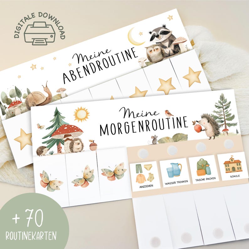 May include: Two printable routine charts with watercolor illustrations of woodland creatures, including a raccoon, owl, hedgehog, and butterflies. The charts have the text "Meine Abendroutine" and "Meine Morgenroutine" with blank spaces for daily tasks.