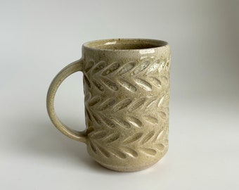 Mug #60- Wood-fired salt-glazed carved lichen mug