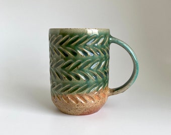 Mug #43- Wood-fired salt-glazed carved gold and green mug