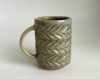 Mug #58- Wood-fired salt-glazed carved lichen mug