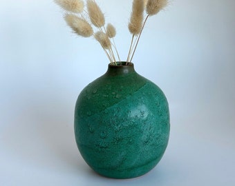 Bud Vase in Textured Patina - wheel thrown stoneware vase in deep matte green