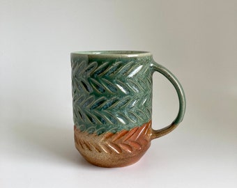 Mug #44- Wood-fired salt-glazed carved gold and green mug