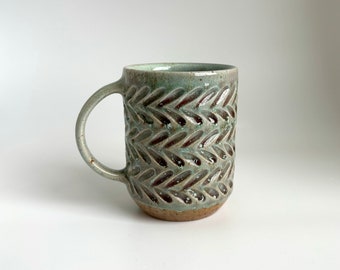 Mug #64- Wood-fired salt-glazed carved pale turquoise mug