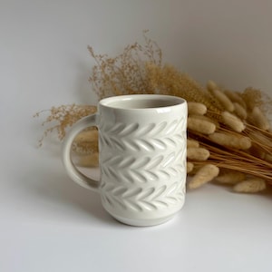 Vine Mug in Snow - wheel-thrown, handmade carved mug in gloss white