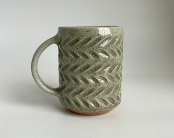 Mug #56- Wood-fired salt-glazed carved green mug