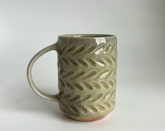 Mug #54- Wood-fired salt-glazed carved green mug