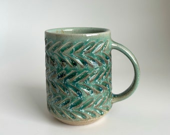 Mug #63- Wood-fired salt-glazed carved green mug