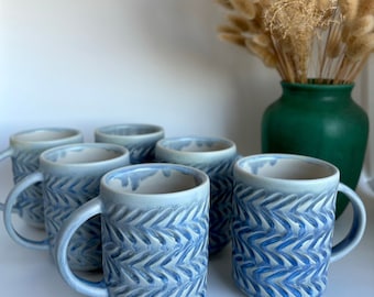 Vine Mug in Glacier Melt - wheel-thrown, handmade carved mug in drippy blue