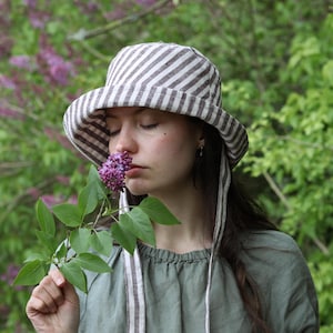 Organic Cotton Linen Sun Hat: Plum Stripe Bucket Hat with Ties