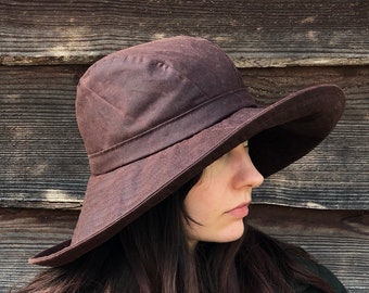 Chestnut Brown British Waxed Cotton Rainhat, Large brimmed rainhat, collapsible rainhat, women&#39;s rainhat, waterproof hat, autumn hat, pop up