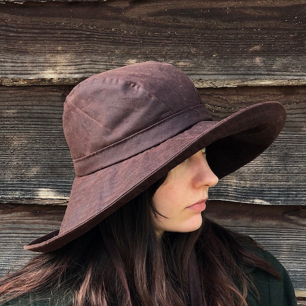 Chestnut Brown British Waxed Cotton Rainhat, Large brimmed rainhat, collapsible rainhat, women's rainhat, waterproof hat, autumn hat, pop up