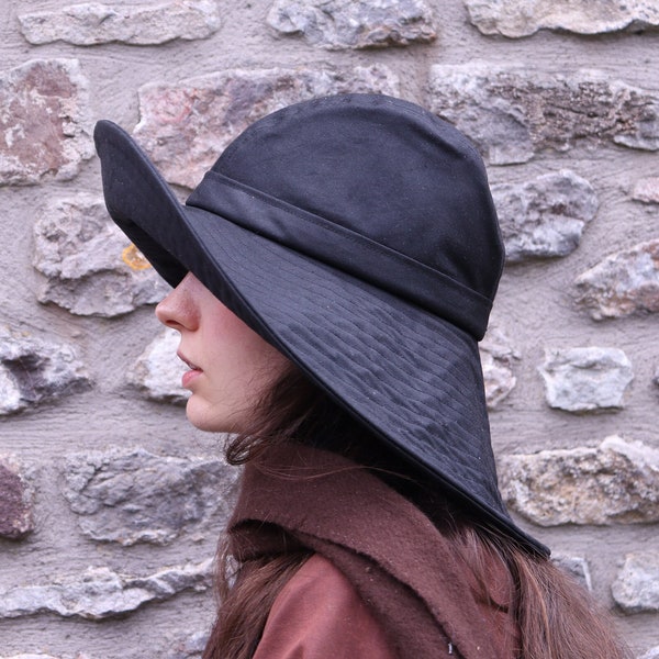 Chapeau de pluie noir en coton ciré britannique, chapeau de pluie à larges bords, chapeau de pluie pliable, chapeau de pluie pour femme, chapeau imperméable, chapeau d'automne, pop up