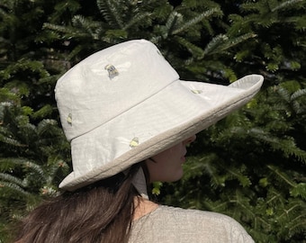 Watercolour Bee Anna Sunhat-large brimmed sun hat, linen hat, garden hat, foldable hat, sun protection hat, extra large hat, small hat