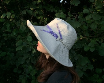 Women's natural linen large brimmed sun hat, hand embroidered hat, sun protection hat, summer hat, floral hat, linen hat, foldable hat,