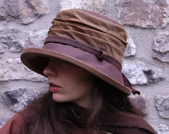 Chestnut/Tan - British Waxed Cotton Rain hat - women's rain hat - waxed cotton hat - waterproof hat - pop up hat - women's waterproof hat