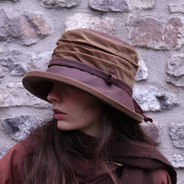 Marron / beige - chapeau de pluie en coton ciré britannique - chapeau de pluie pour femme - chapeau en coton ciré - chapeau imperméable - chapeau pop up - chapeau imperméable pour femme