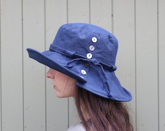 Chapeau de soleil en lin bleu : Chapeau de jardin pliable à boutons