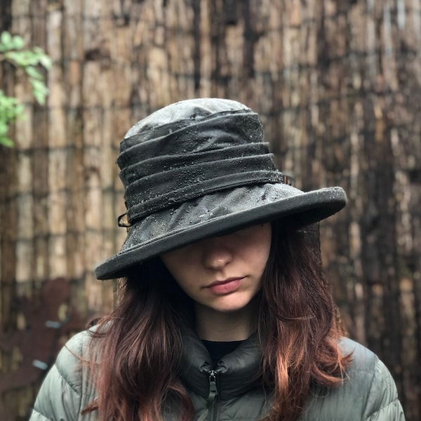 Chapeau de pluie en coton ciré britannique olive foncé - chapeau de pluie pour femme - chapeau en coton ciré - chapeau imperméable - chapeau pop up - chapeau imperméable pour femme