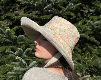 World Map Linen Sunhat: Wide Brim Garden Hat