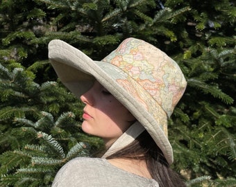 World Map Anna Sunhat-large brimmed sun hat, linen hat, garden hat, foldable hat, sun protection hat, extra large hat, small hat