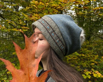 Harris Tweed East Meets West bobble hat- cosy hat- winter hat-warm hat- women's winter hat- faux fur- comfy hat- hat with pompom