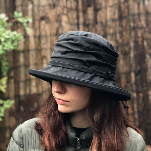 Black - British Waxed Cotton Rain hat - women's rain hat - waxed cotton hat - waterproof hat - pop up hat - women's waterproof hat