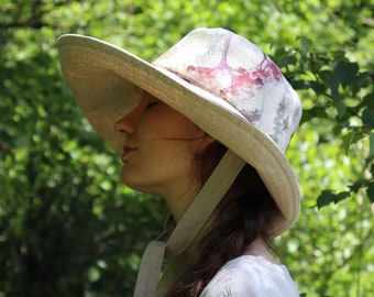 Watercolour Flower Anna Sunhat-large brimmed sun hat, linen hat, garden hat, foldable hat, sun protection hat, extra large hat, small hat