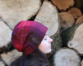 Harris Tweed slouchy beanie Cerise/Brown - winter hat - beanie hat - slouchy beanie - warm hat - tweed hat - autumn hat - comfortable hat