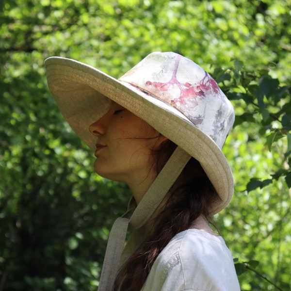 Aquarelle fleur Anna Sunhat - chapeau de soleil à large bord, chapeau en lin, chapeau de jardin, chapeau pliable, chapeau de protection solaire, très grand chapeau, petit chapeau