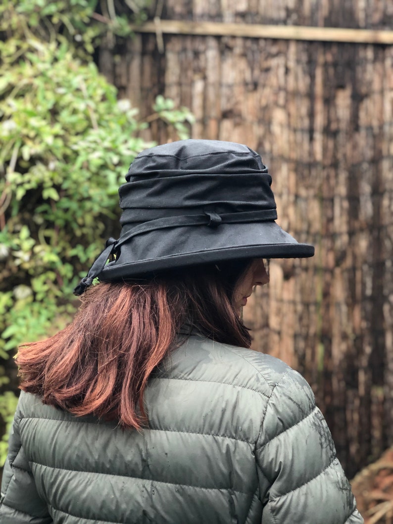 Black British Waxed Cotton Rain hat women's rain hat waxed cotton hat waterproof hat pop up hat women's waterproof hat image 5