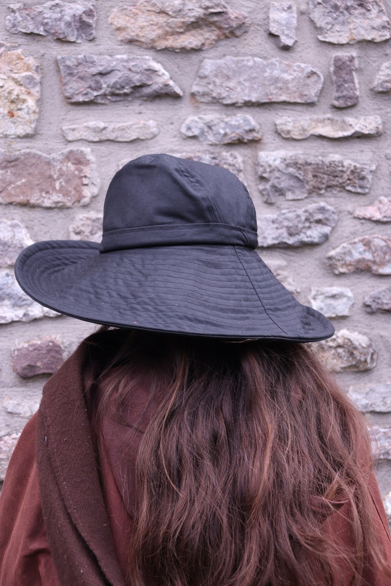 Black British Waxed Cotton Rainhat, Large brimmed rainhat, collapsible rainhat, women's rainhat, waterproof hat, autumn hat, pop up image 7