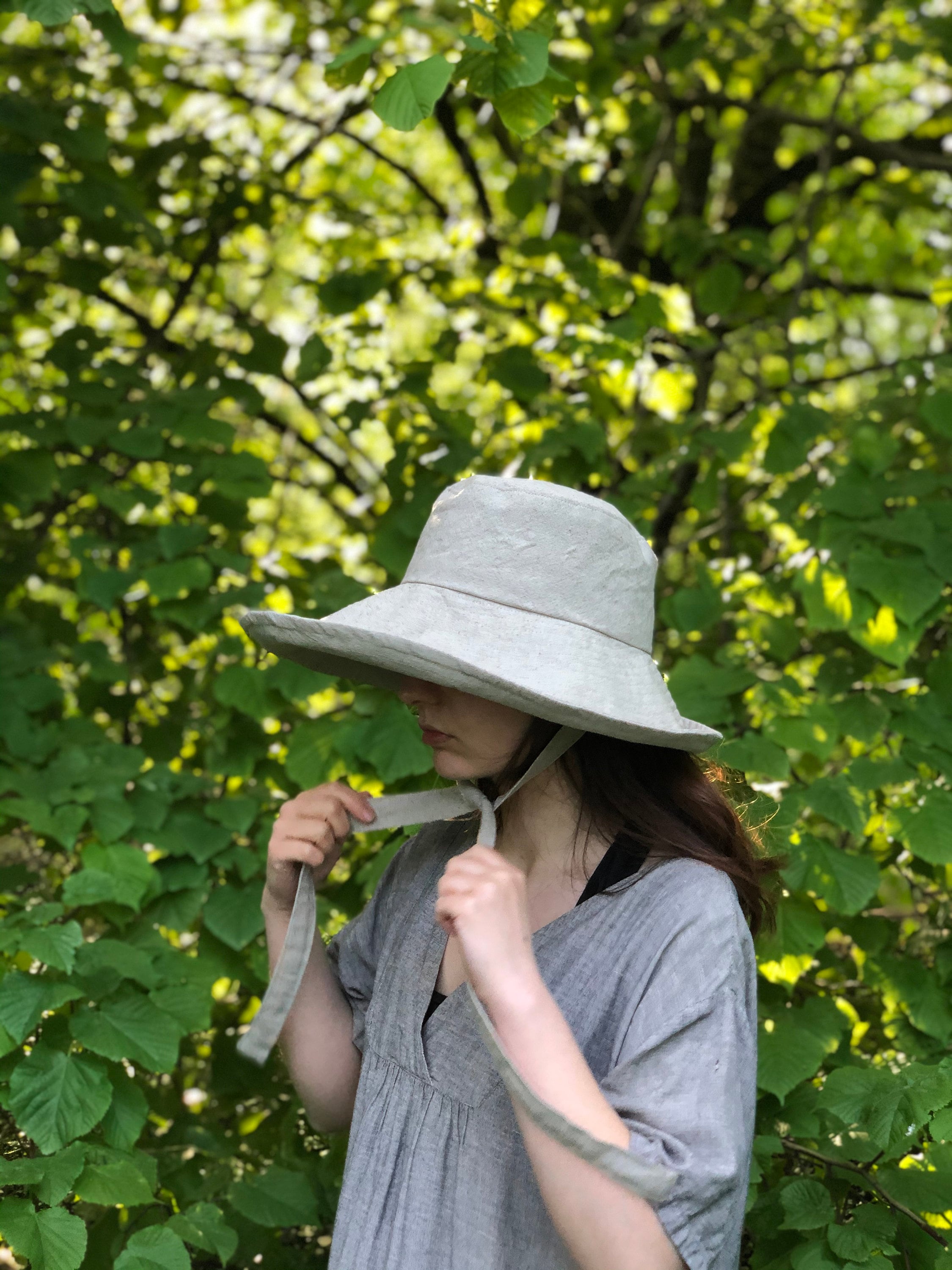 Natural Linen Sunhat: Wide Brim Garden Hat With Ties - Etsy