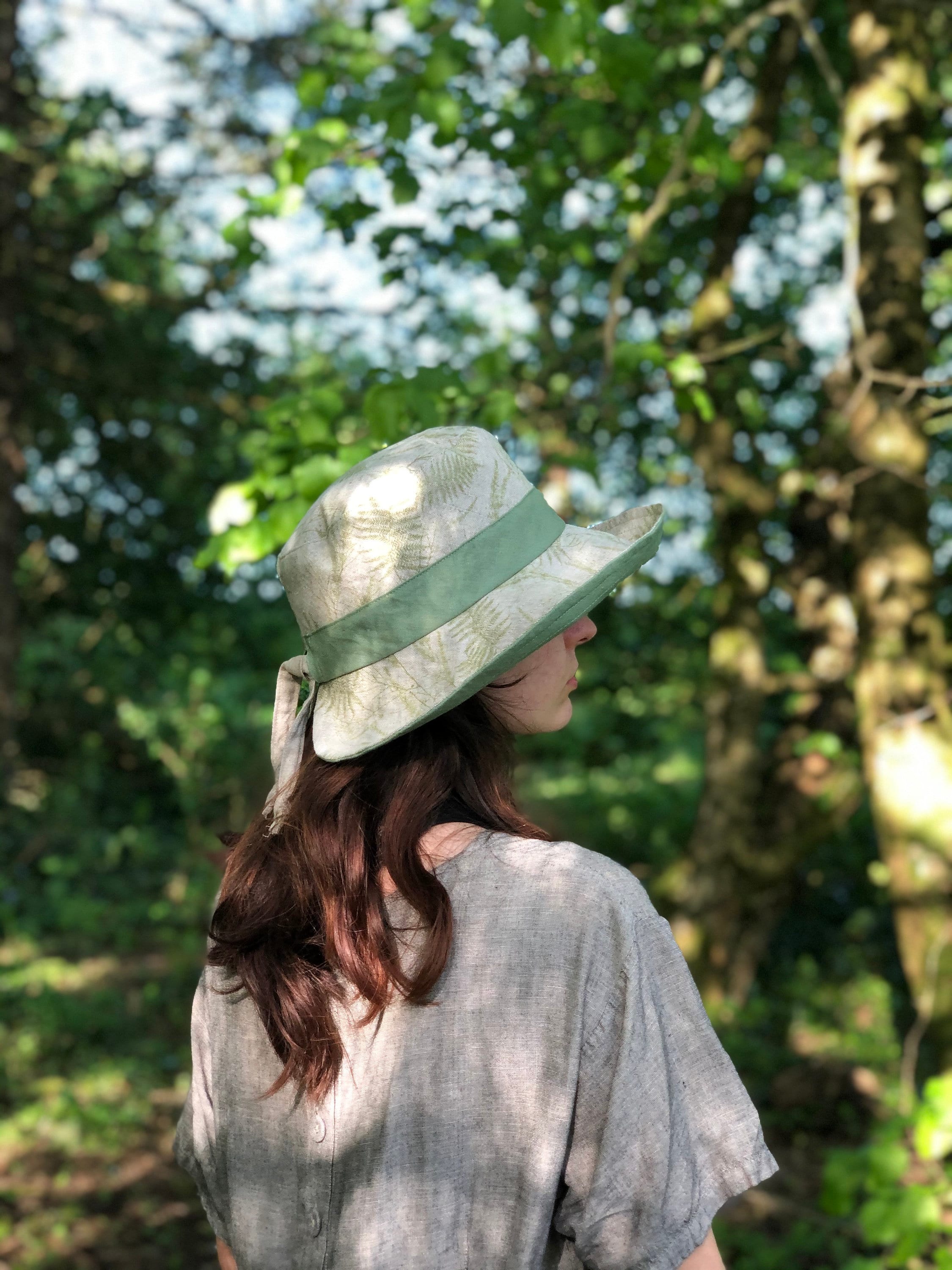 Fern Print Natural Linen Women's Sun Hat- Sun Protection, Travel Hat, Packable Hat, Summer Hat, Linen Hat,Foldable Hat
