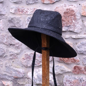 Black British Waxed Cotton Rainhat, Large brimmed rainhat, collapsible rainhat, women's rainhat, waterproof hat, autumn hat, pop up image 3