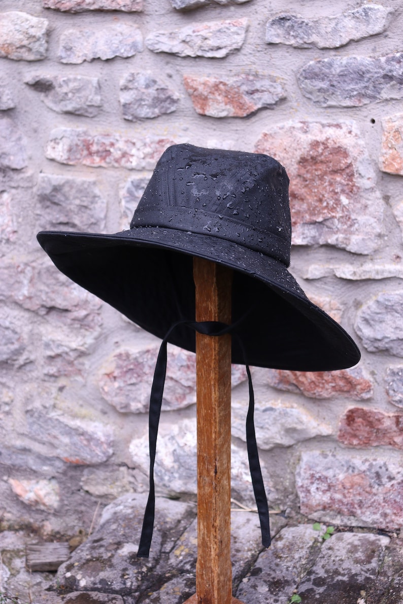 Black British Waxed Cotton Rainhat, Large brimmed rainhat, collapsible rainhat, women's rainhat, waterproof hat, autumn hat, pop up image 3
