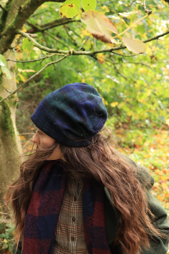Harris Tweed slouchy beanie, Black Watch - winter hat - beanie hat - slouchy beanie - warm hat - tweed hat - autumn hat - comfortable hat