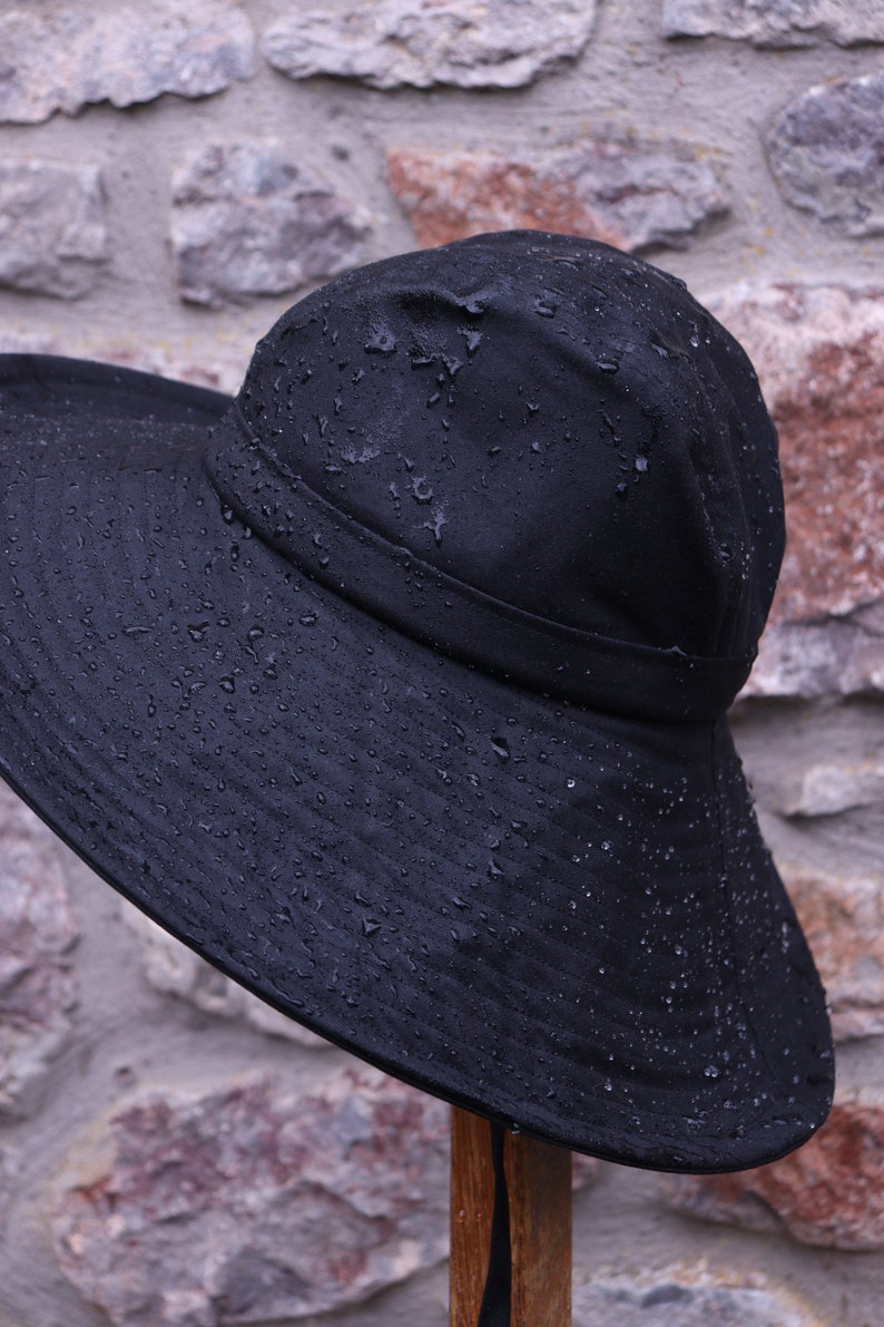 Black British Waxed Cotton Rainhat, Large brimmed rainhat, collapsible rainhat, women's rainhat, waterproof hat, autumn hat, pop up image 8