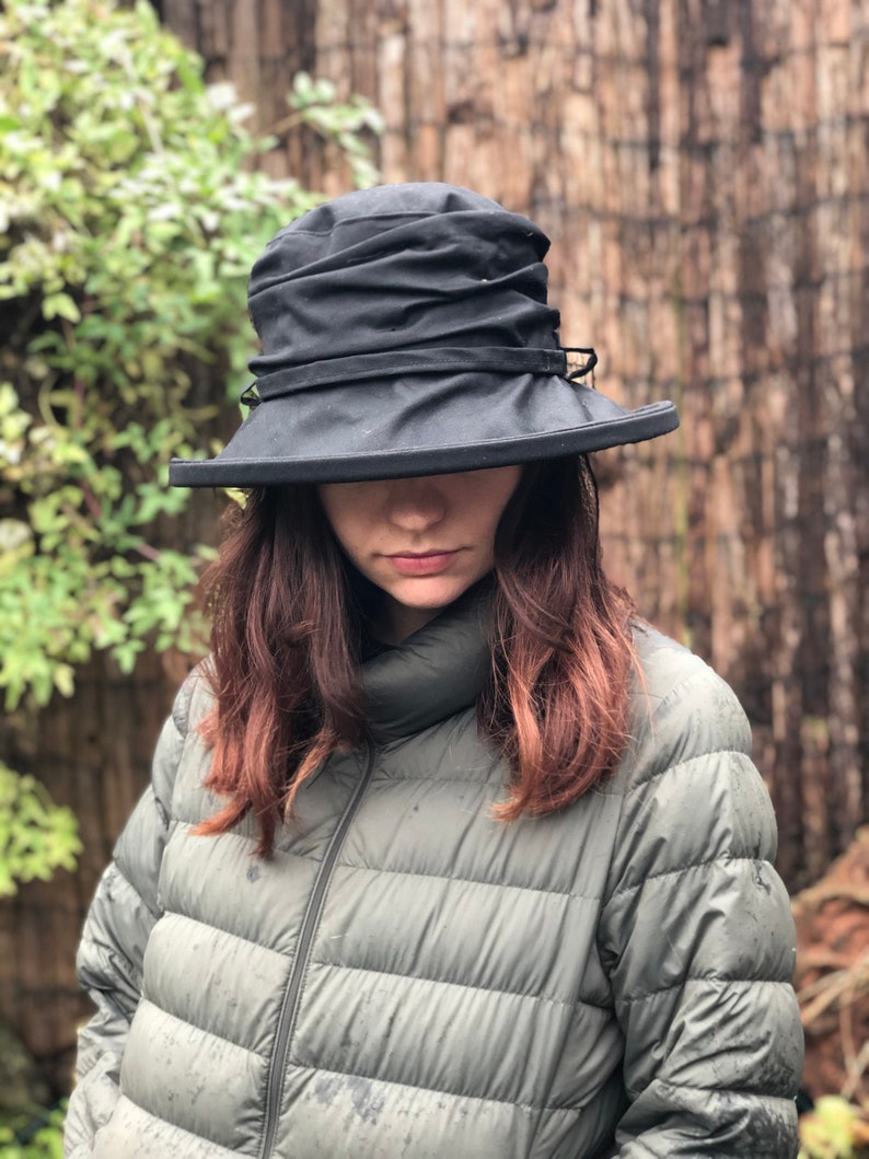 Black British Waxed Cotton Rain hat women's rain hat waxed cotton hat waterproof hat pop up hat women's waterproof hat image 7