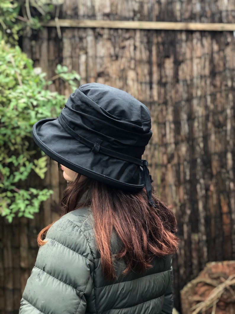 Black British Waxed Cotton Rain hat women's rain hat waxed cotton hat waterproof hat pop up hat women's waterproof hat image 4