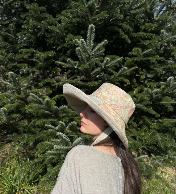 World Map Anna Sunhat-large Brimmed Sun Hat, Linen Hat, Garden Hat