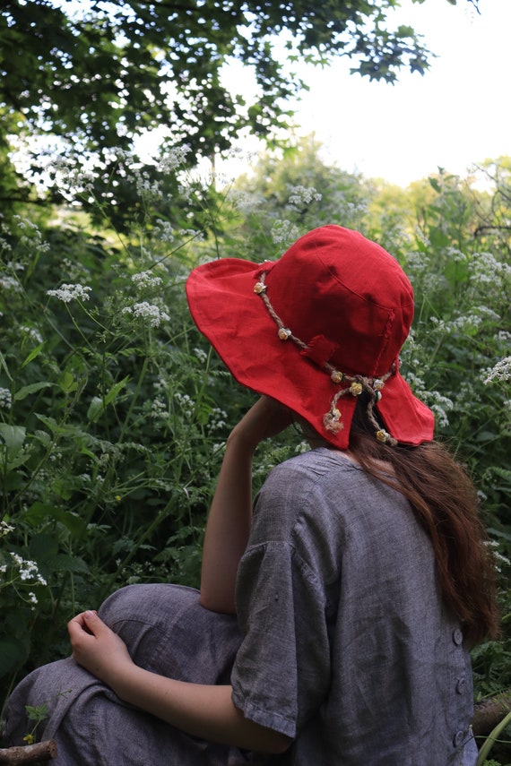 Arwen True Red Linen Sun Hat With Wired Edge and Mulberry Paper