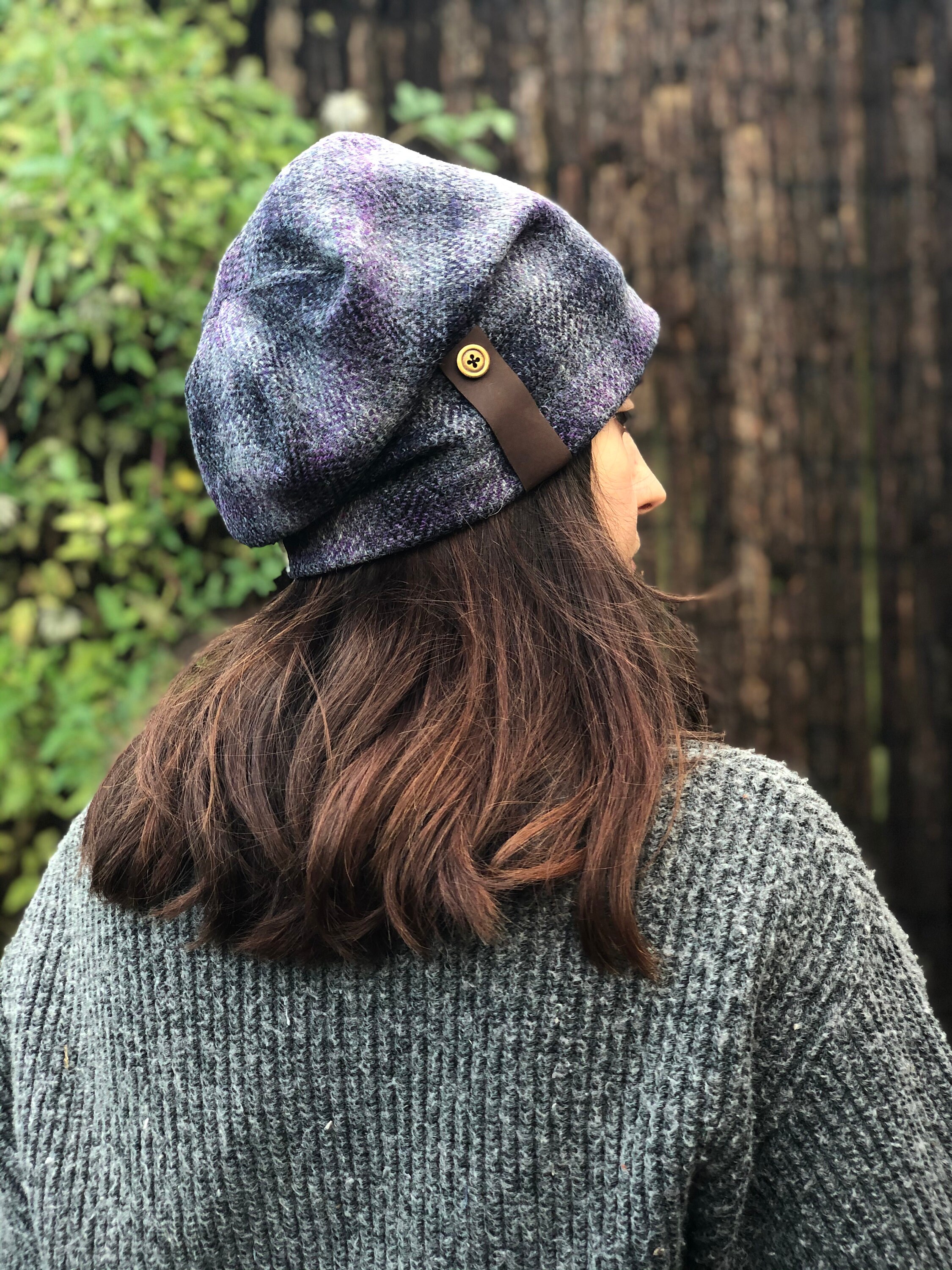 Purple/grey Harris Tweed Slouchy Beanie 