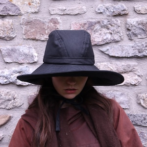 Black British Waxed Cotton Rainhat, Large brimmed rainhat, collapsible rainhat, women's rainhat, waterproof hat, autumn hat, pop up image 9