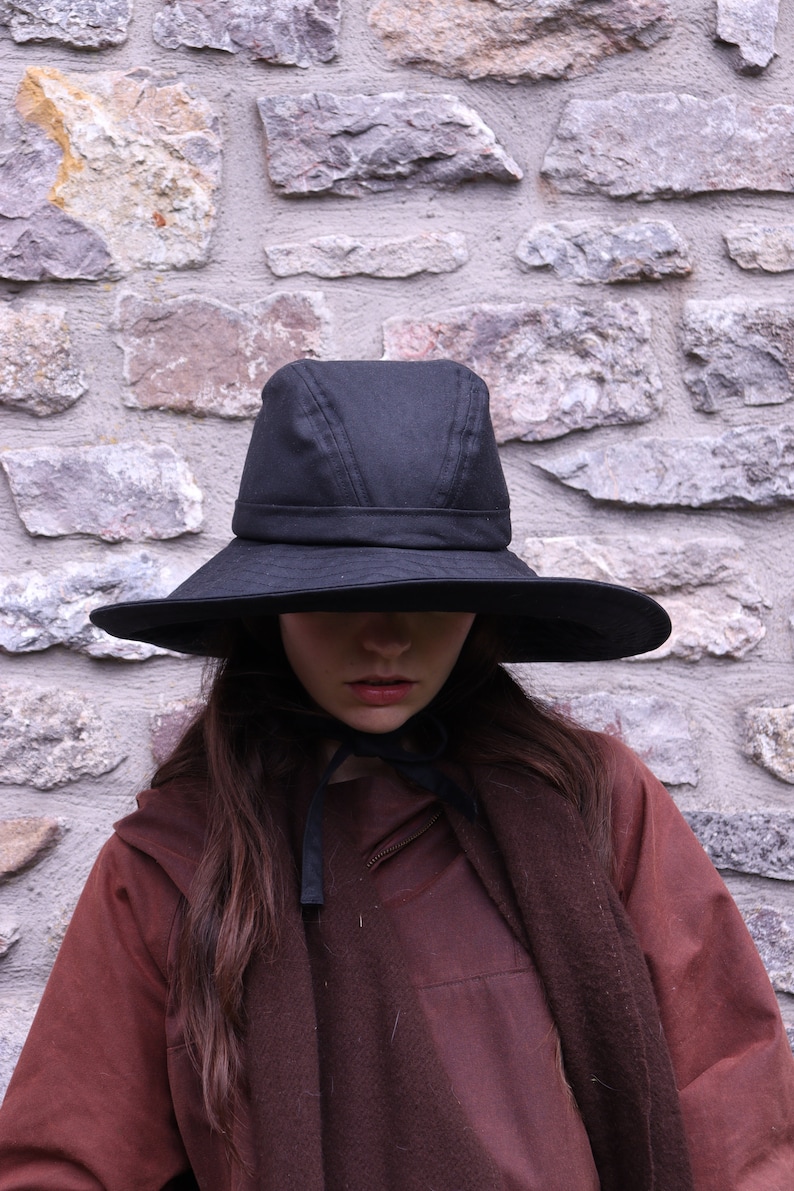 Black British Waxed Cotton Rainhat, Large brimmed rainhat, collapsible rainhat, women's rainhat, waterproof hat, autumn hat, pop up image 9