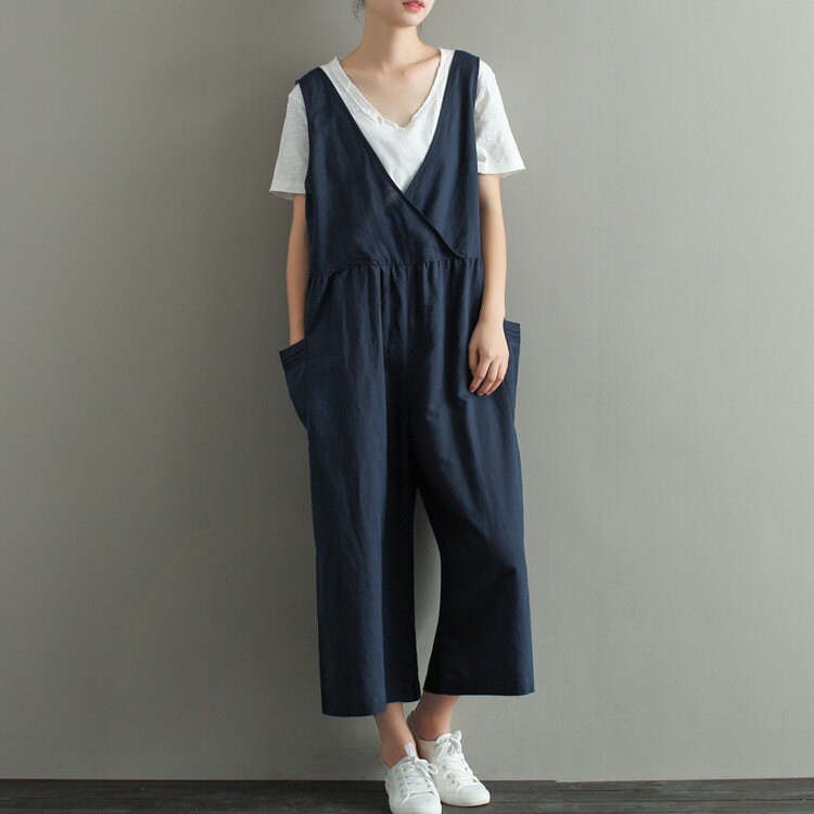 Womens Summer Retro Cotton Linen Jumpsuits Overalls Pants With