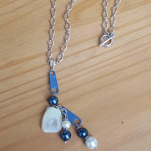 Silver/ Metallica Blue and Pearlescent White Zipper Pull Pendant Necklace