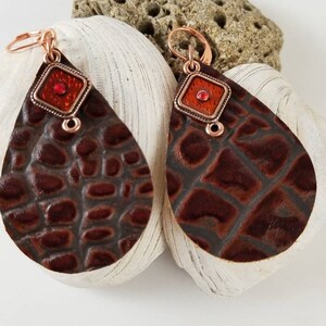 Deep Brown Gator Embossed Leather Teardrop Earrings