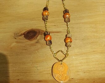 Ceramic Pendant w/Wood Bead Necklace