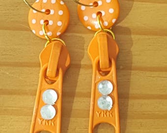 Orange Button & Zipper Pull Earrings