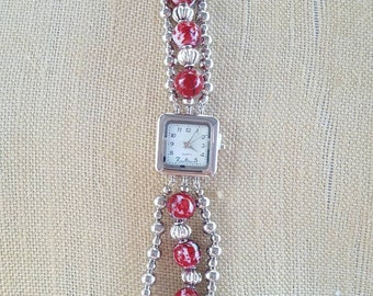 Red and Silver Beaded Watch